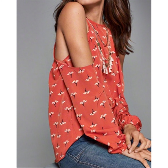 Abercrombie Orange Floral Print Cold Shoulder Blouse - Picture 15 of 16